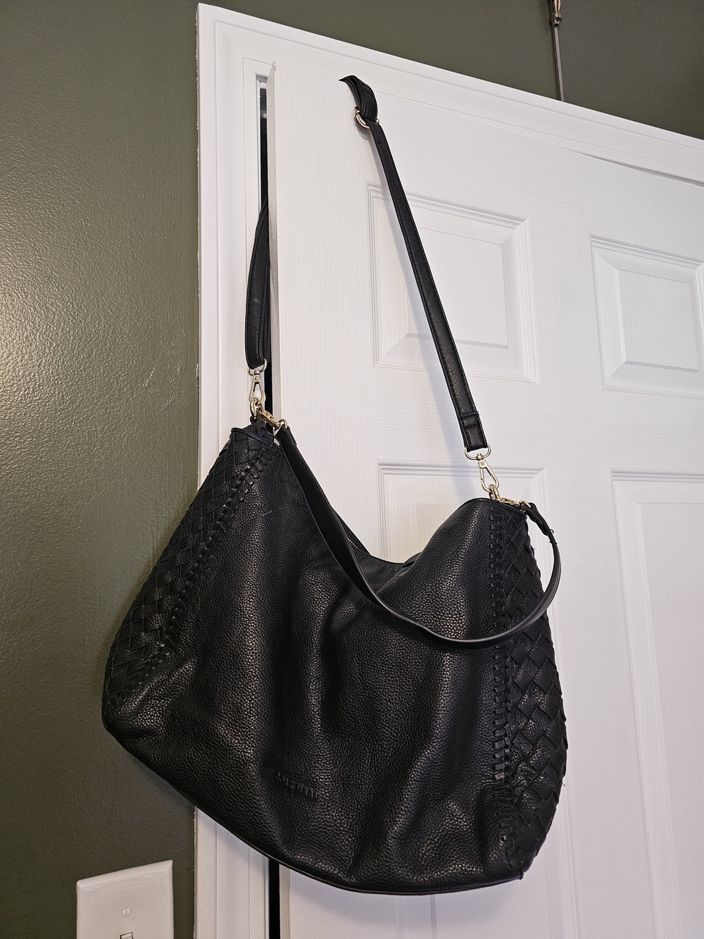 Cole Haan Black Woven-Accent Crossbody Hobo Bag